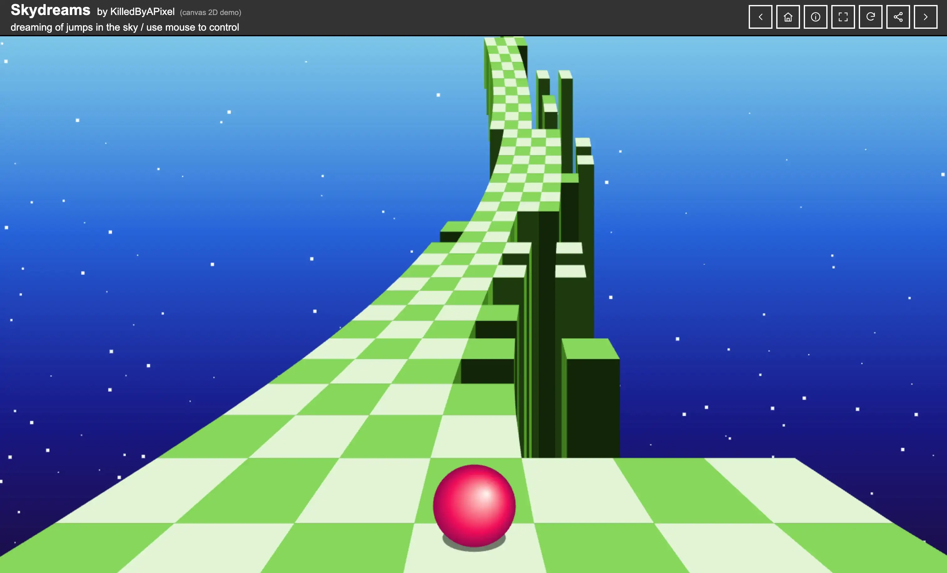 Skydreams, the winning entry in the JS1024 code golf competition, showing a red ball on a floating checkered track