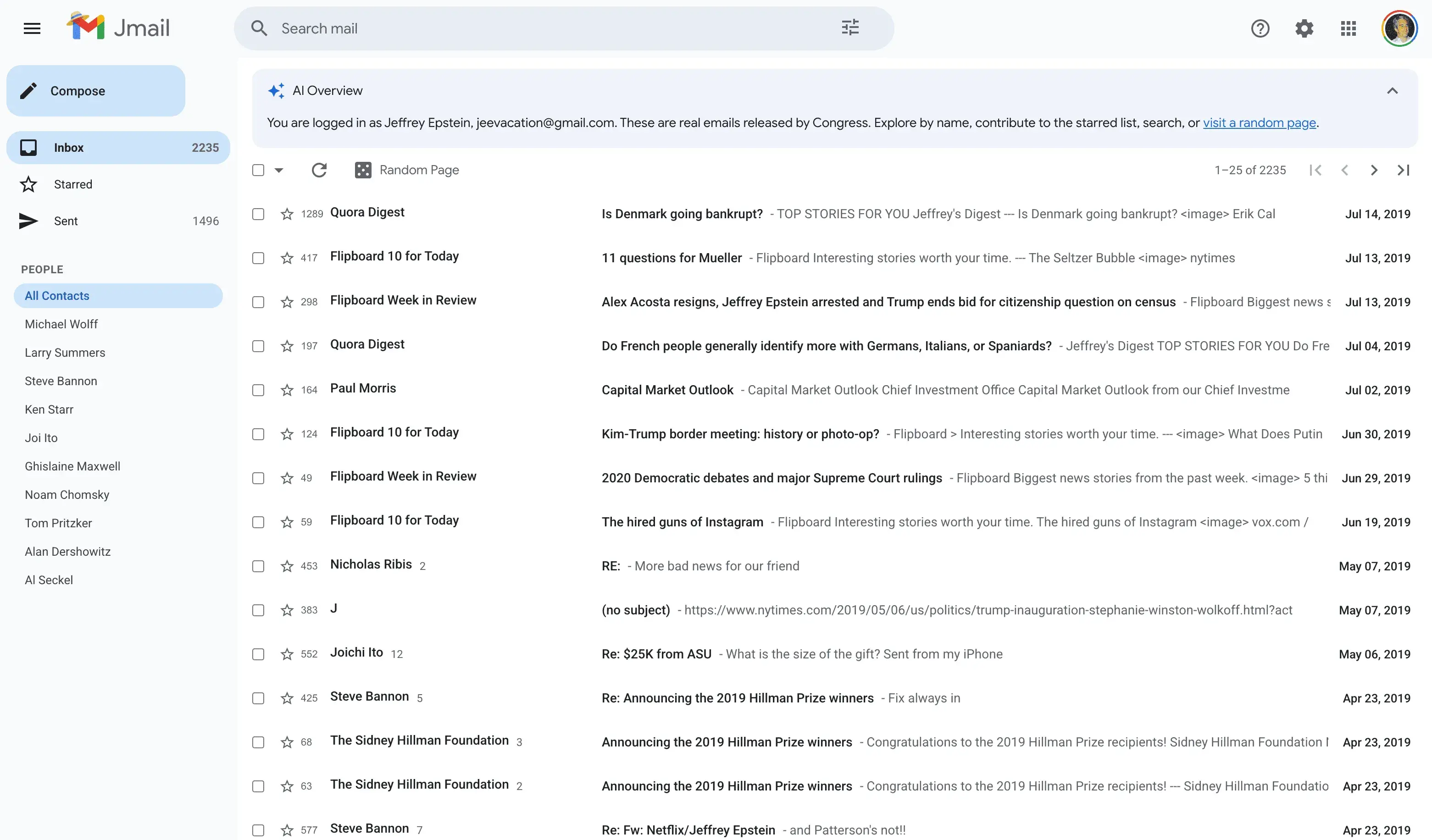 Jmail - Jeffrey Epstein email interface
