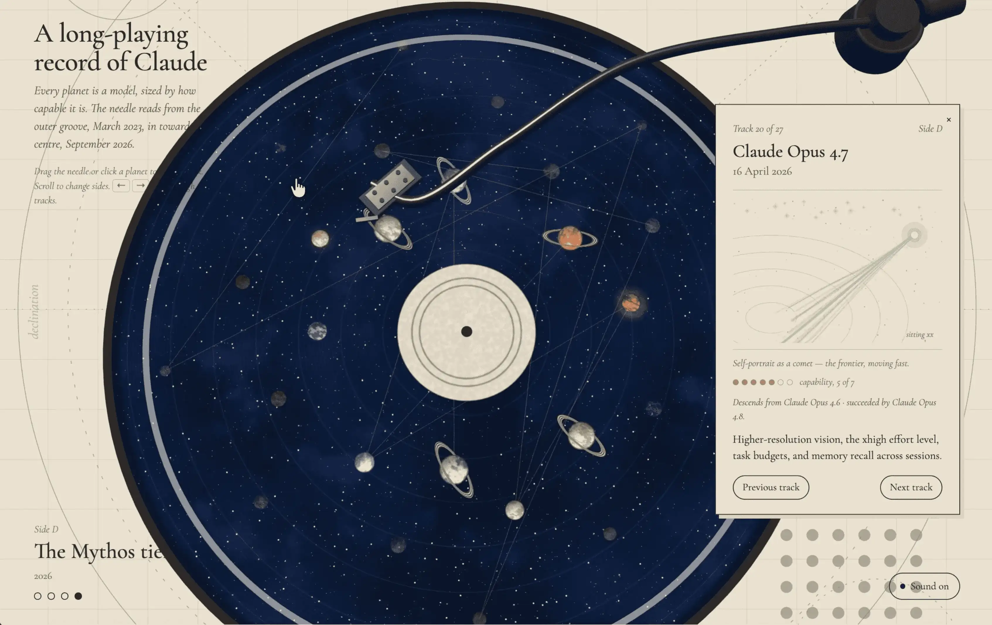 A galaxy-themed vinyl record animation of Claude's family tree, showing all 27 historical Claude models as tracks, created with Claude Fable 5.1